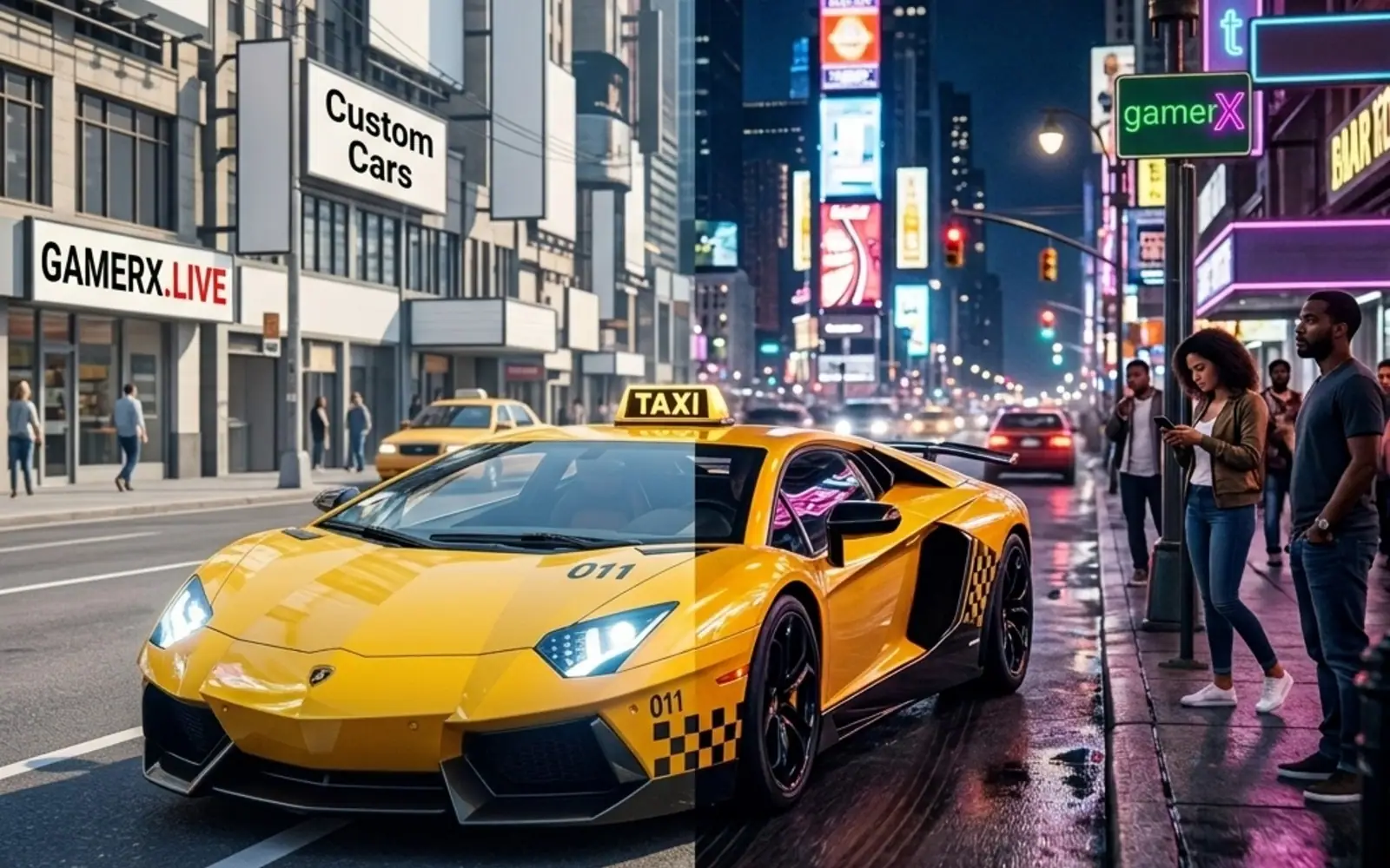 A yellow taxi on a neon-lit city street at night, seen from behind.