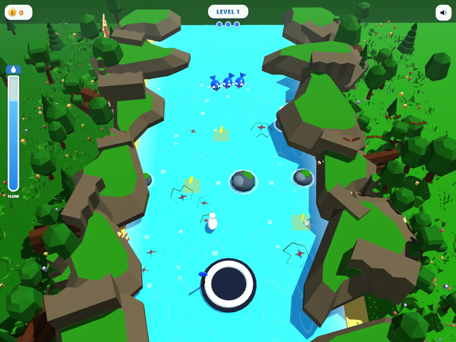 A whirlpool in a river between green banks, small objects drifting toward the pull.