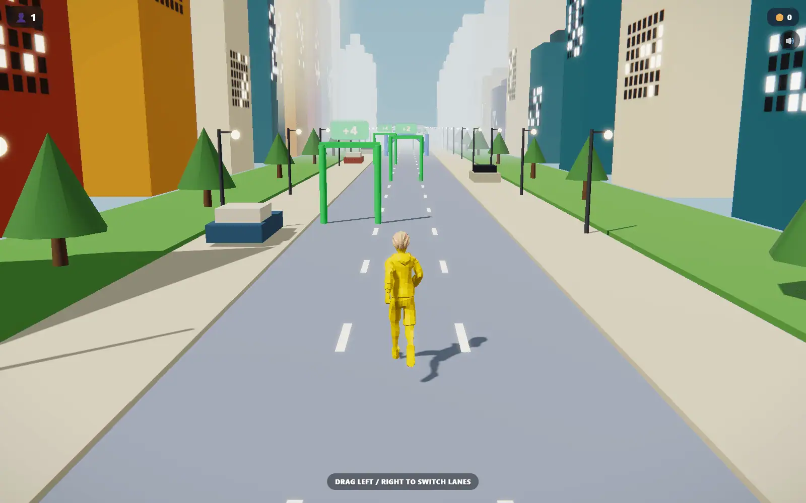 A yellow character running down the middle of a low-poly city street.