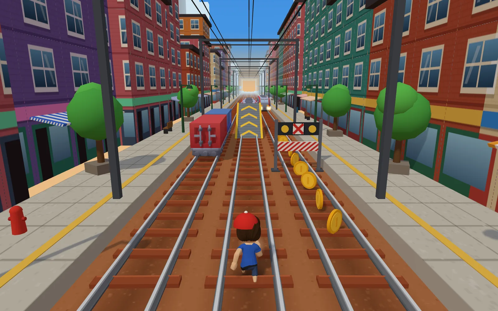Three subway tracks through a brick city, seen from behind the runner: a red freight car on the left track, a yellow ramp up to a train in the middle, and a striped gate with coins under it on the right.
