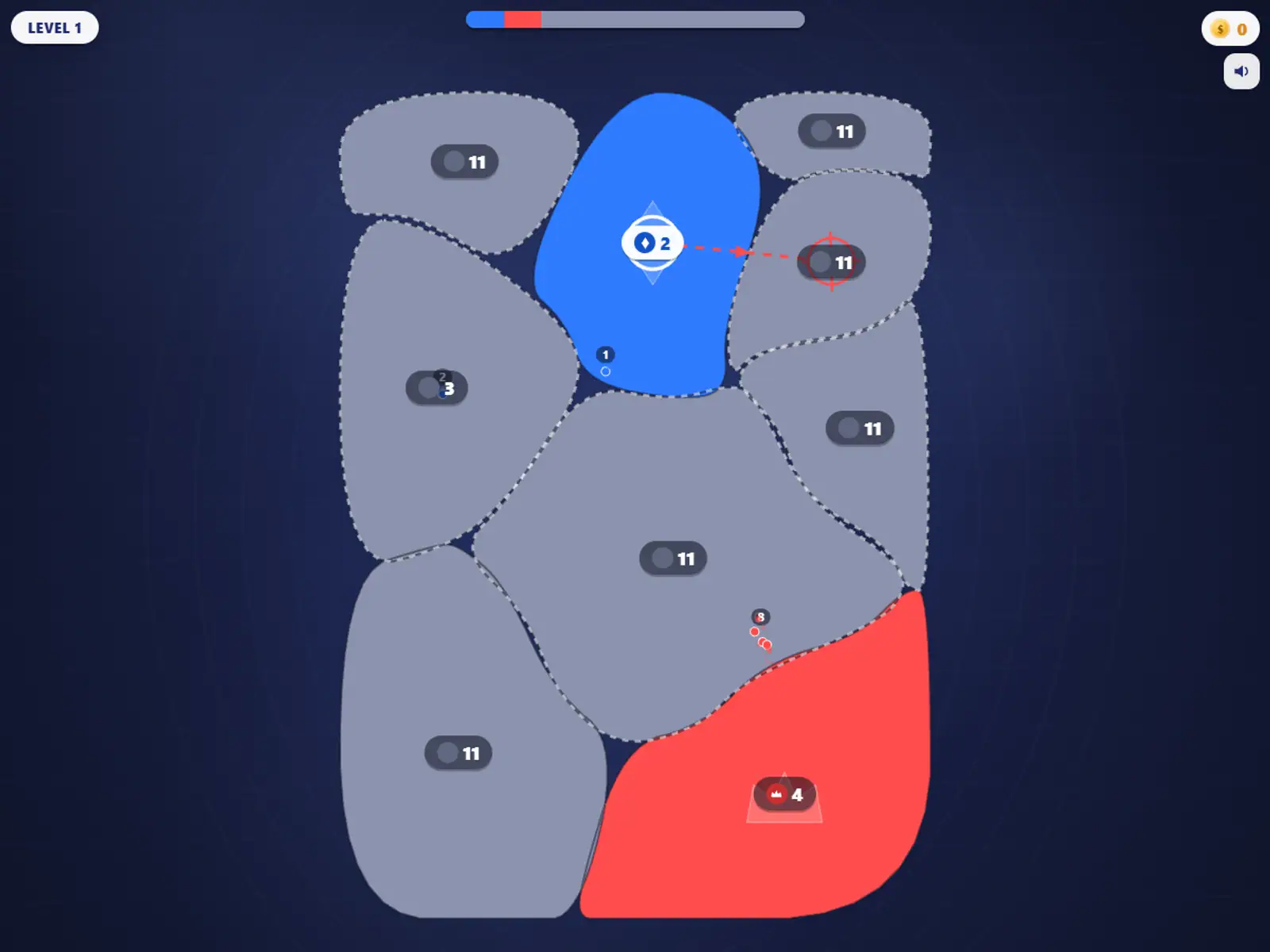 A territory map with one blue and one red region among grey neighbours, troop counts on each.