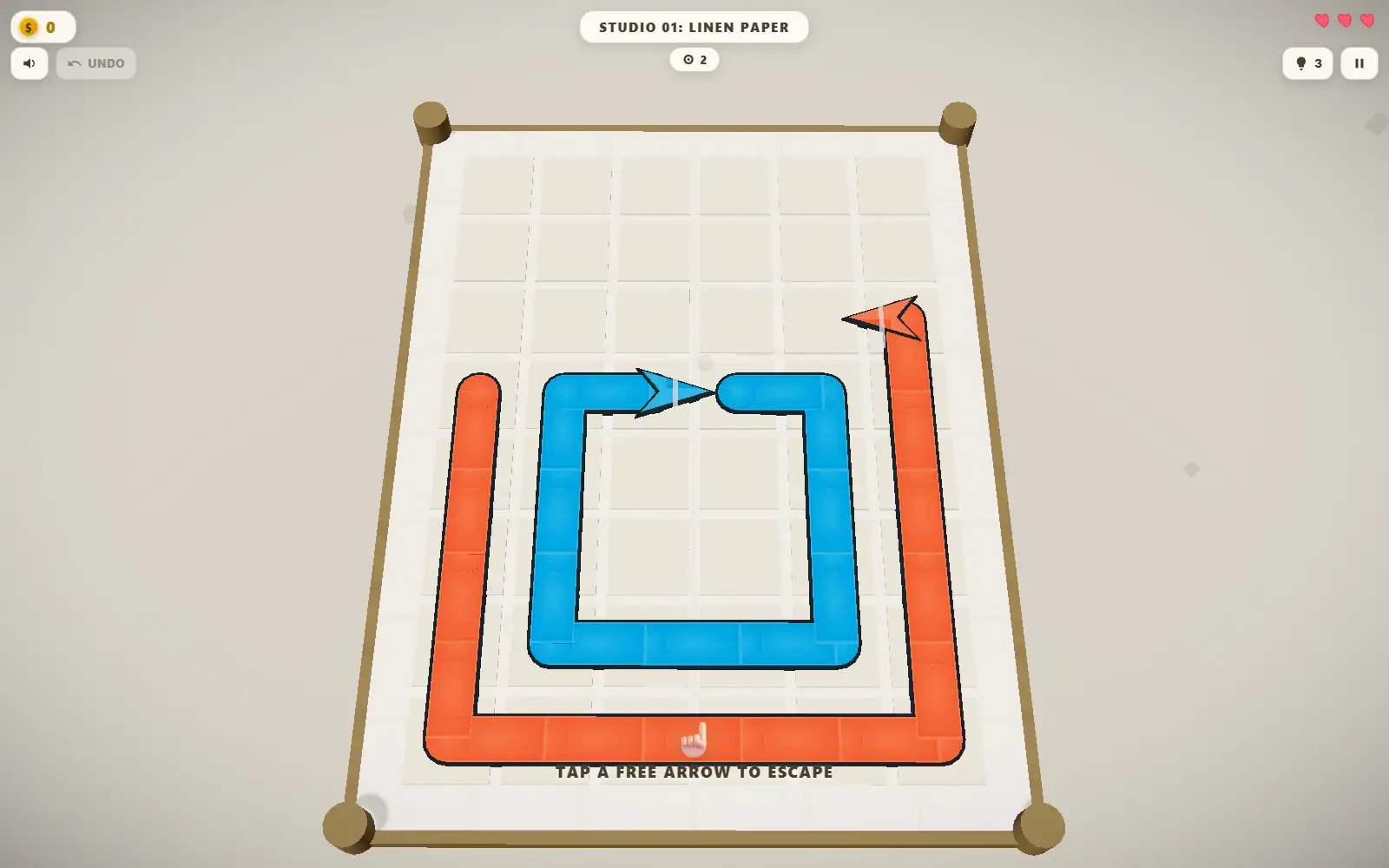 A paper puzzle of nested blue and orange arrow paths, one red arrow clear at the right.